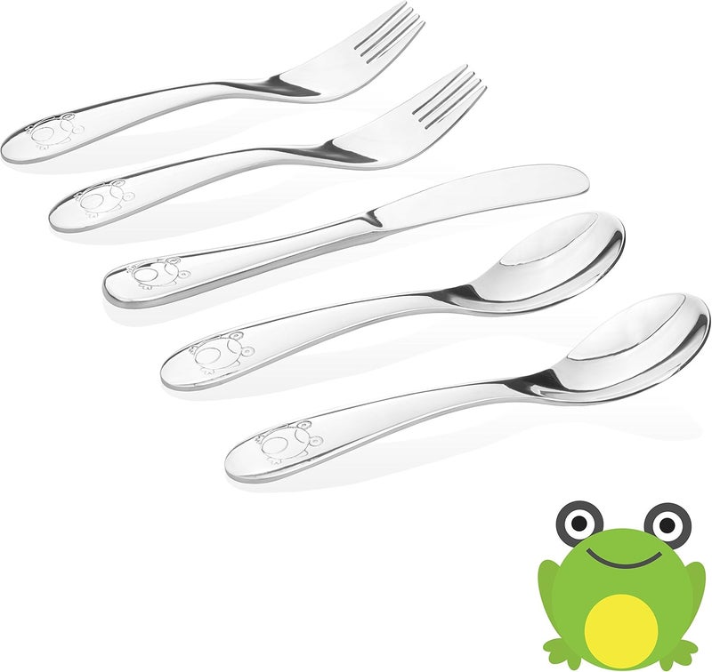 Kiddobloom Kids Stainless Steel Utensil Set | Premium #304 (18/8) | Adorable Frog Design | 5-piece Set: 2 Spoons, 2 Forks, & 1 Butter Knife | Safe & Durable for Toddlers and Children | by - Image 1